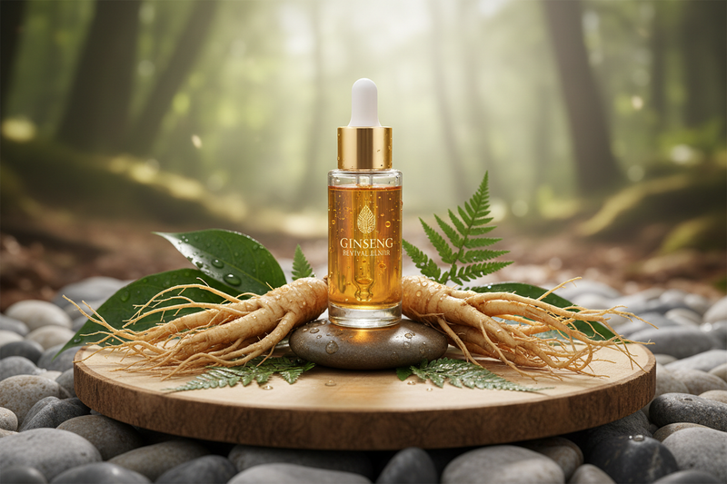 I want a picture of ginseng extract on a natural background, make it related to cosmetic and beauty product 